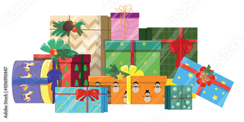 Vector illustration of a beautiful pile of Christmas gifts. Cartoon scene of New Year's gifts packed in different boxes, wrapping paper with patterns, bows, ribbons, gingerbread, cones, fir branches.