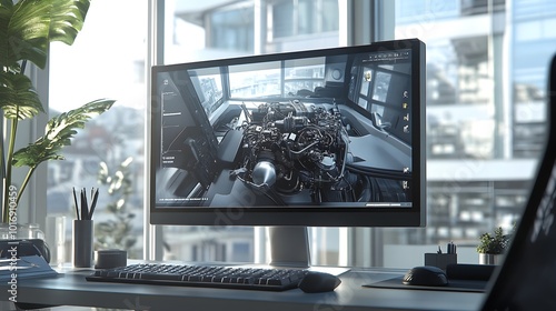 picture in a sunny day in a modern office of a pc screen with a video traing course in it with technical images of a car engine and a person looking at it taken from back photo