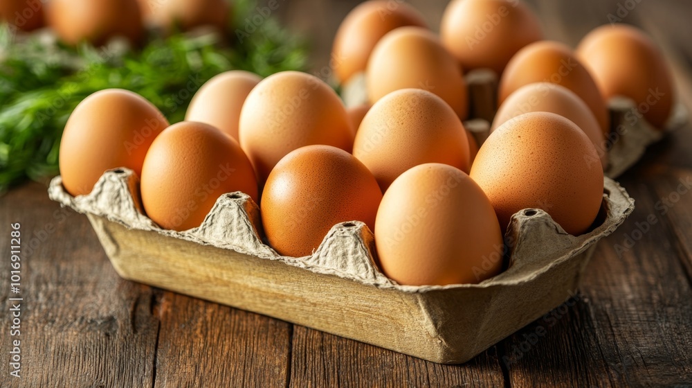 Organic brown eggs in a bamboo egg holder with an eco-friendly appeal Organic brown eggs in a bamboo egg holder with an eco-friendly appeal