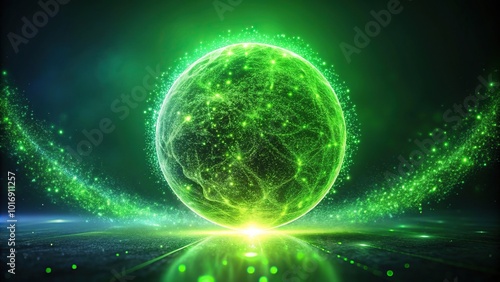 Abstract green energy sphere of particles and waves of magical glowing on a dark background