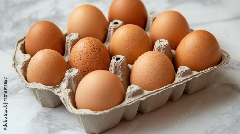 Organic Brown eggs in tray or egg box. Poultry Chicken eggs in carton for grocery or breakfast. Organic Brown eggs in tray or egg box. Poultry Chicken eggs in carton for grocery or breakfast.
