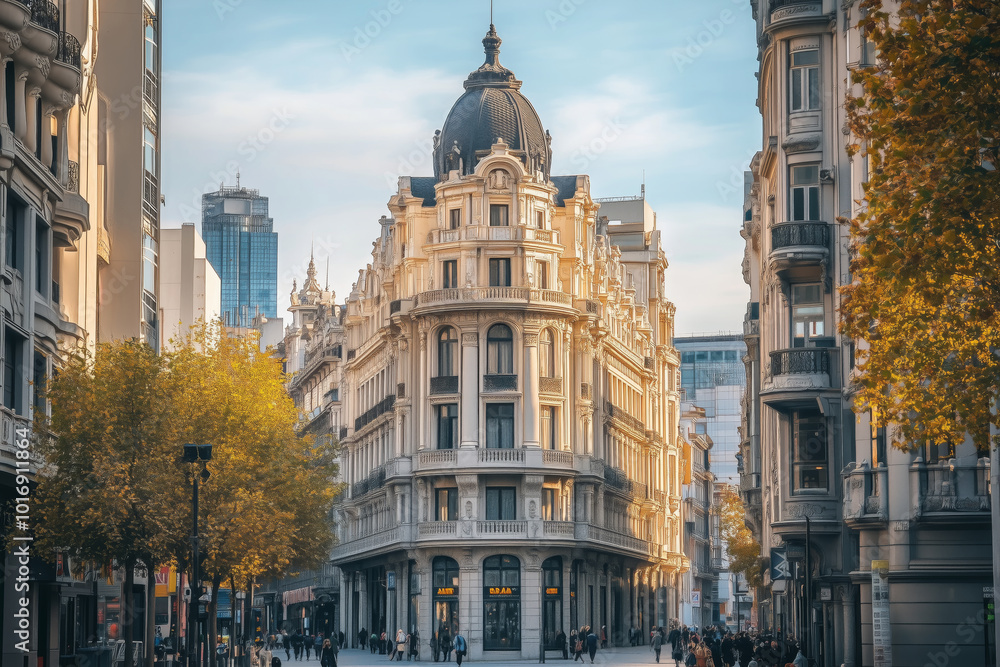 A striking blend of historic architecture and contemporary design in a vibrant urban setting during golden hour A striking blend of historic architecture and contemporary design in a vibrant urban setting during golden hour