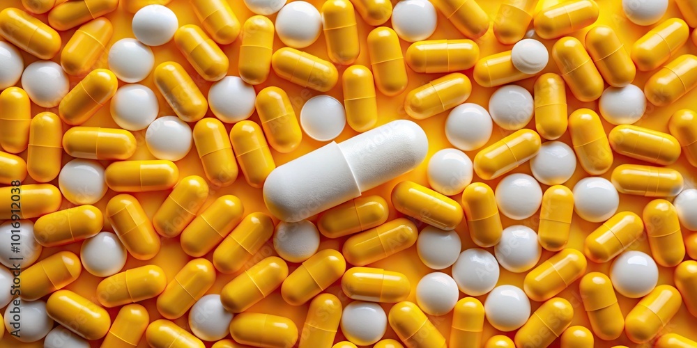 Minimalist composition of one white pill standing out among yellow pills on orange background Minimalist composition of one white pill standing out among yellow pills on orange background