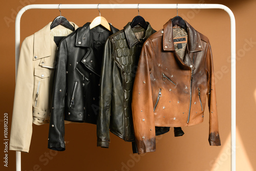 rack with jackets and leather goods in showroom
