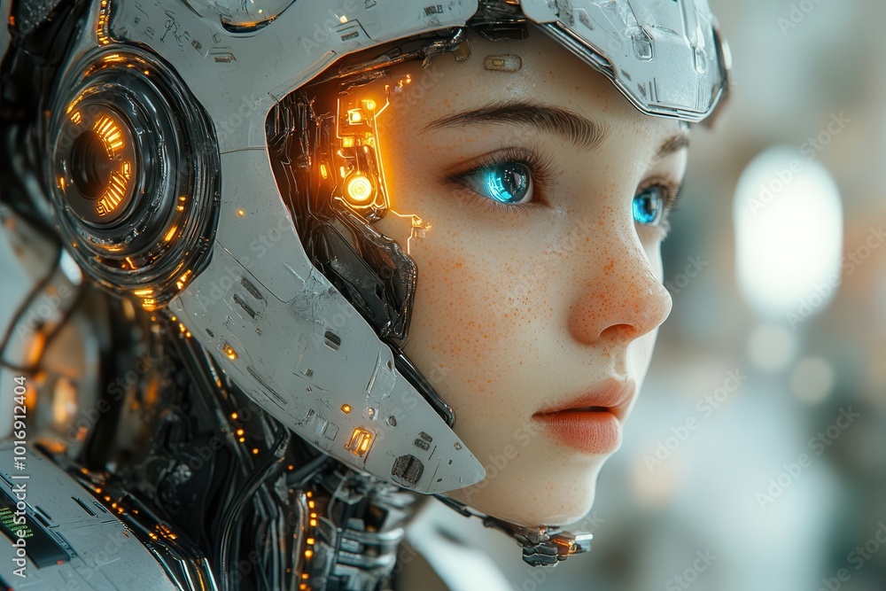 futuristic female android with lifelike features subtle metallic sheen and glowing circuits embodying the fusion of humanity and ai futuristic female android with lifelike features subtle metallic sheen and glowing circuits embodying the fusion of humanity and ai
