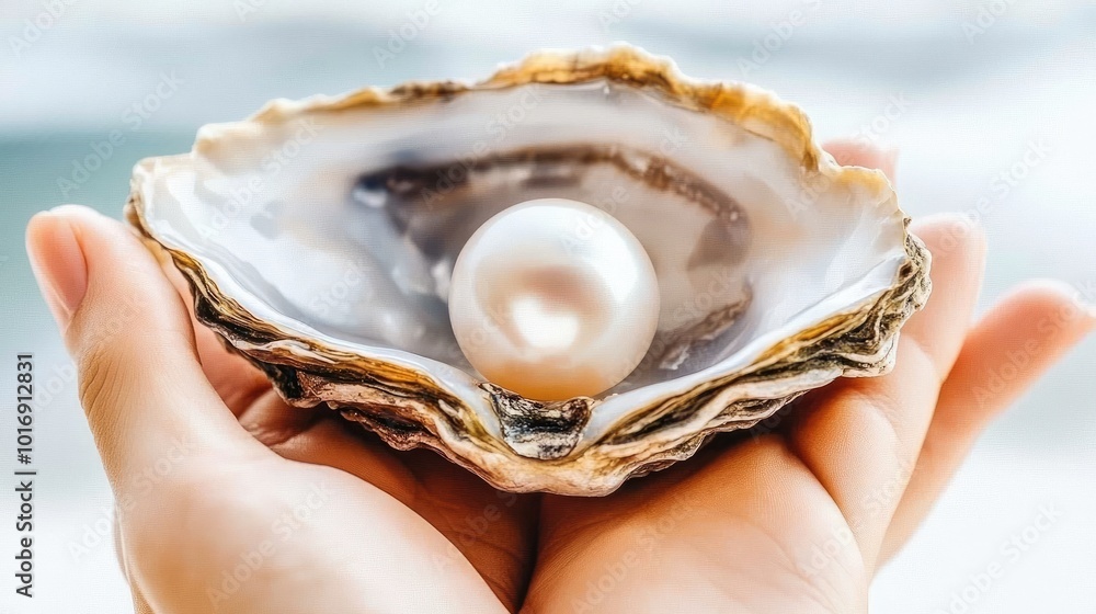 Elegant Pearl in Open Oyster Shell on Hand Elegant Pearl in Open Oyster Shell on Hand
