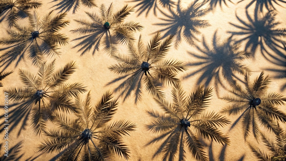 Fototapeta premium Minimalist composition with unique worm's eye view angle showcasing intricate palm tree shadows