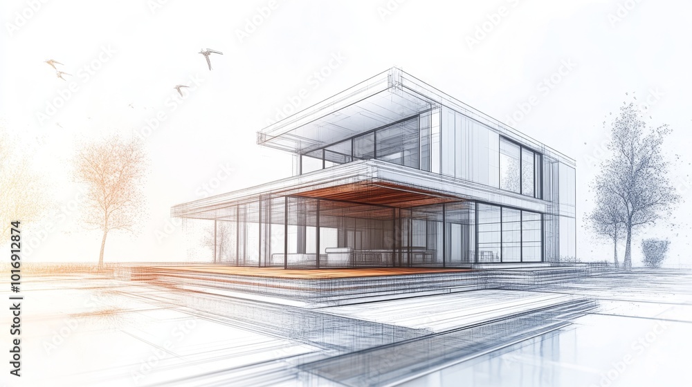 Sketch design and drafting of wireframe of building a modern house becoming real. 3d illustration, Digital project visualization Sketch design and drafting of wireframe of building a modern house becoming real. 3d illustration, Digital project visualization