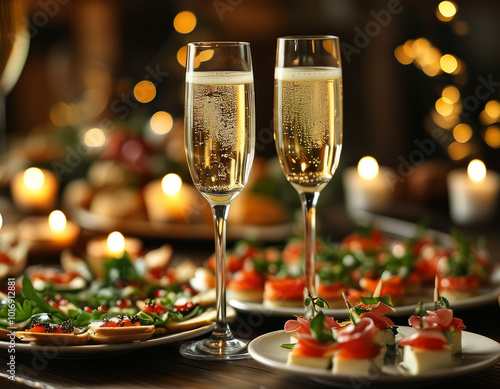 Festive Table with Champagne and Christmas Canapés. Holiday Celebration with Champagne and Appetizers. Elegant Champagne Glasses and Holiday Table Setting