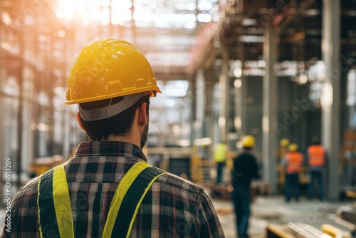 A diligent worker in a hard hat oversees a bustling construction site, emphasizing the importance of safety protocols and teamwork among all employees in this dynamic, cooperative environment