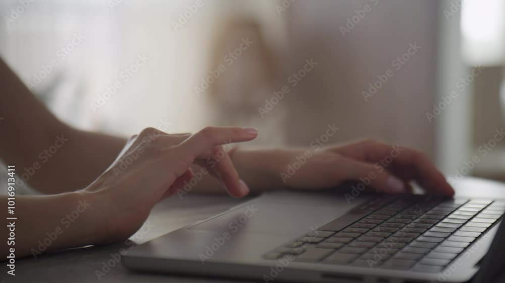 Female Hands Browsing on Laptop Touchpad Close Up Female Hands Browsing on Laptop Touchpad Close Up