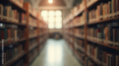 Blurred image of a library interior with soft lighting