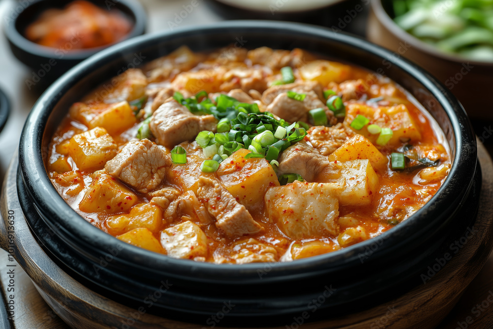 Enjoying a warm bowl of kimchi jjigae, a traditional Korean stew filled with flavorful ingredients for a comforting meal Enjoying a warm bowl of kimchi jjigae, a traditional Korean stew filled with flavorful ingredients for a comforting meal