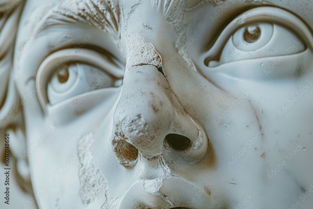 Naklejka premium The artwork captures the face of a marble sculpture, showcasing the delicate features of the eyes and nose. Natural light accentuates the weathered textures and fine craftsmanship
