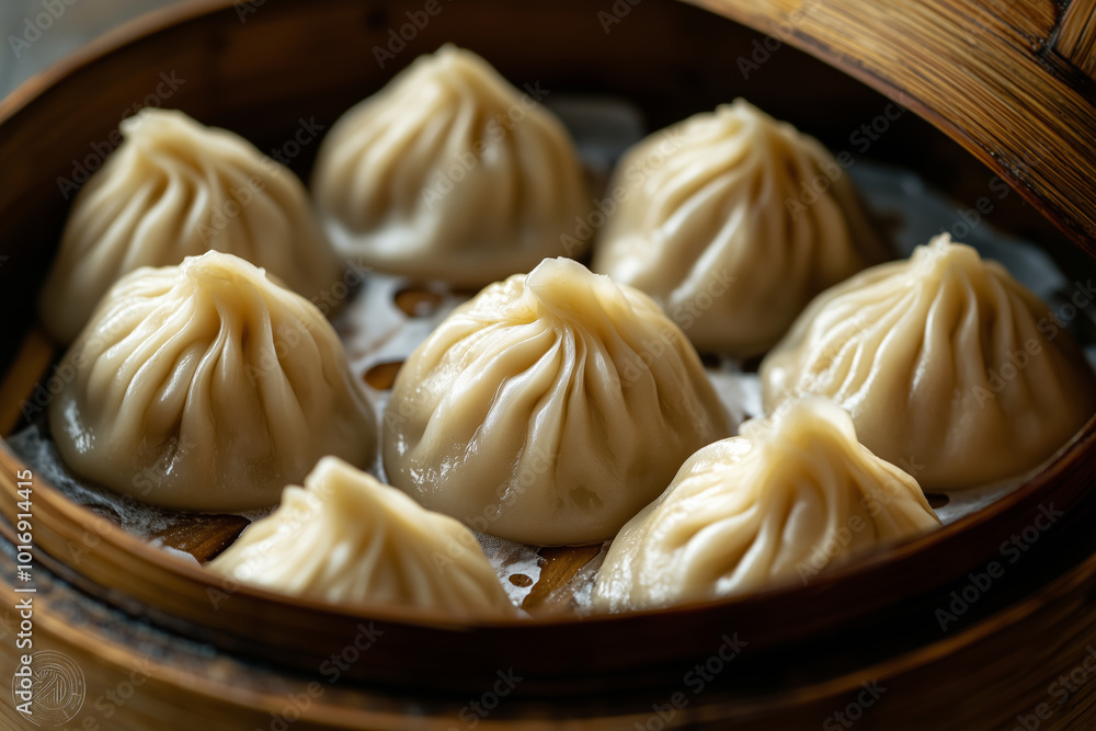 Deliciously crafted Xiao Long Bao steaming in a bamboo basket, showcasing the artistry of traditional dim sum preparation Deliciously crafted Xiao Long Bao steaming in a bamboo basket, showcasing the artistry of traditional dim sum preparation
