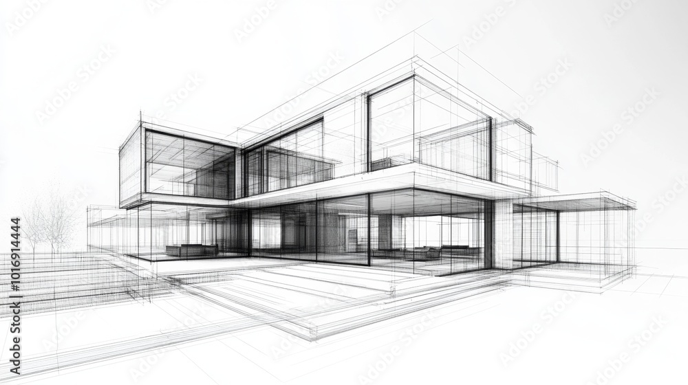 Sketch design and drafting of wireframe of building a modern house becoming real. 3d illustration, Digital project visualization Sketch design and drafting of wireframe of building a modern house becoming real. 3d illustration, Digital project visualization