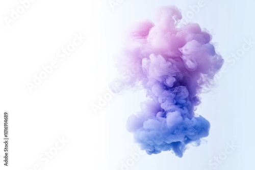 Acrylic color pigment and ink cloud in water. Abstract smoke on white background with copy space. Fancy dream cloud of ink underwater. Purple, blue and pink 