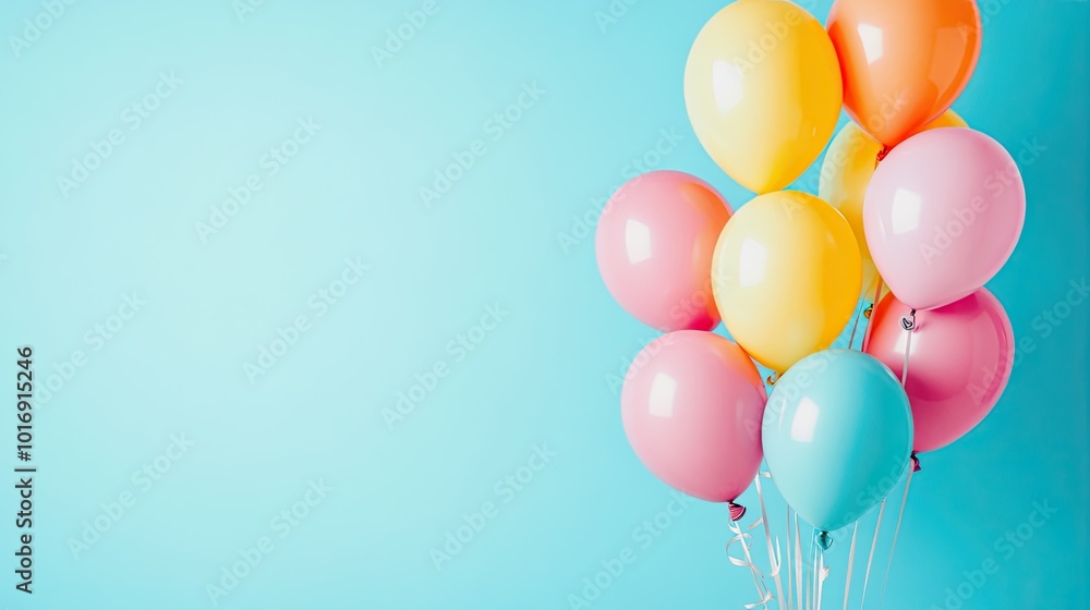 a bunch of bright balloons on a light blue background, space for text. a bunch of bright balloons on a light blue background, space for text.