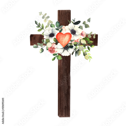 Christian cross with flowers and heart