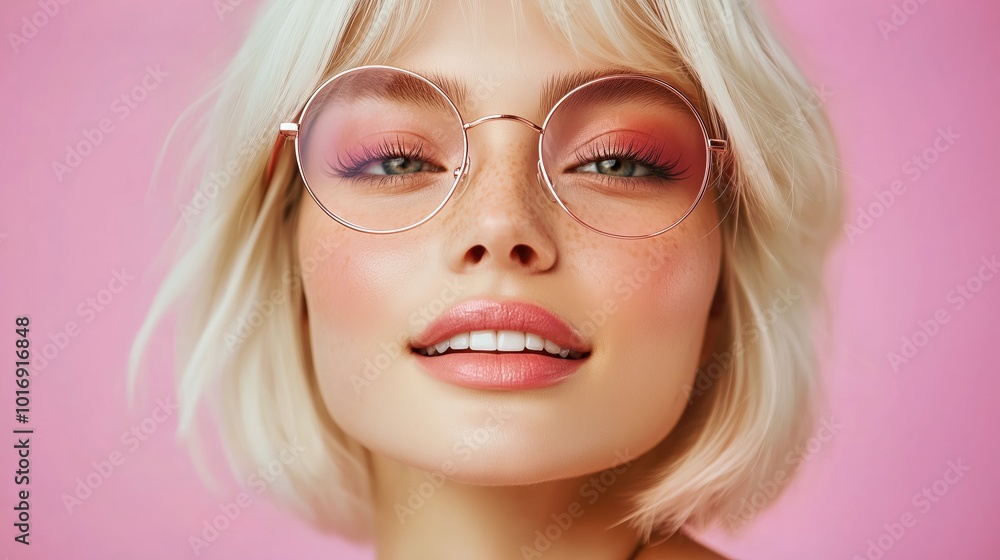 Portrait of a trendy woman with platinum blonde hair and pink makeup, wearing stylish round glasses and smiling against a soft pastel pink background Portrait of a trendy woman with platinum blonde hair and pink makeup, wearing stylish round glasses and smiling against a soft pastel pink background