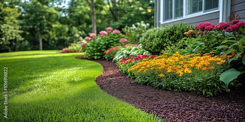 Fototapeta Naklejka Na Ścianę i Meble -  Beautiful backyard garden featuring bright yellow, pink, and red flowers, manicured green lawn, and neat mulch