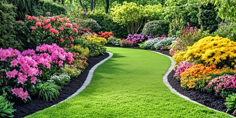 Beautiful backyard garden featuring bright yellow, pink, and red flowers, manicured green lawn, and neat mulch