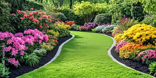 Fototapeta Naklejka Na Ścianę i Meble -  Beautiful backyard garden featuring bright yellow, pink, and red flowers, manicured green lawn, and neat mulch