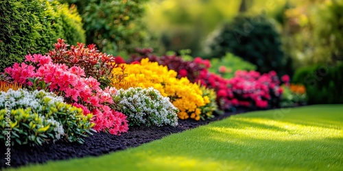Beautiful backyard garden featuring bright yellow, pink, and red flowers, manicured green lawn, and neat mulch