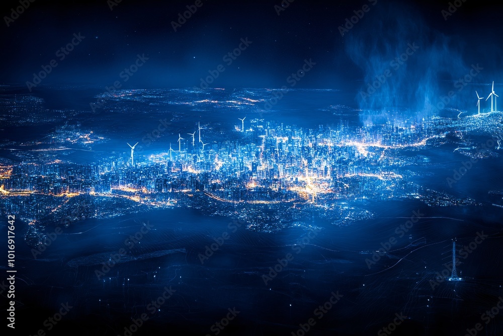 Night view of the cities and around them electricity, solar energy and wind turbines Night view of the cities and around them electricity, solar energy and wind turbines