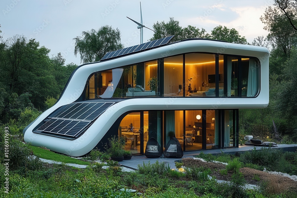 Fototapeta premium futuristic home equipped with solar panels and a backyard wind turbine showcasing a sustainable lifestyle integrated with renewable energy solutions