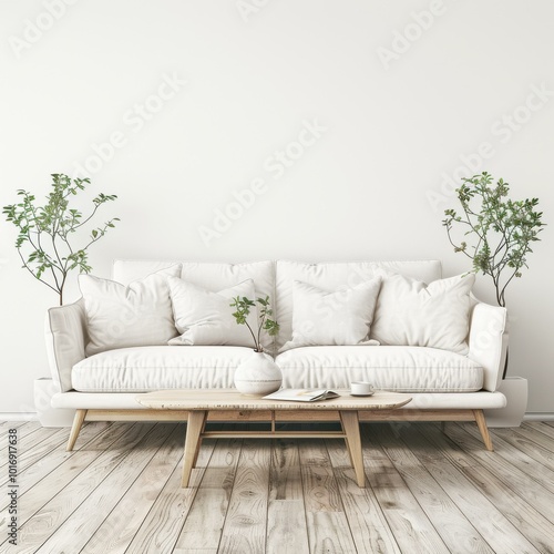 Modern Minimalist Living Room with White Sofa and Wooden Coffee Table photo