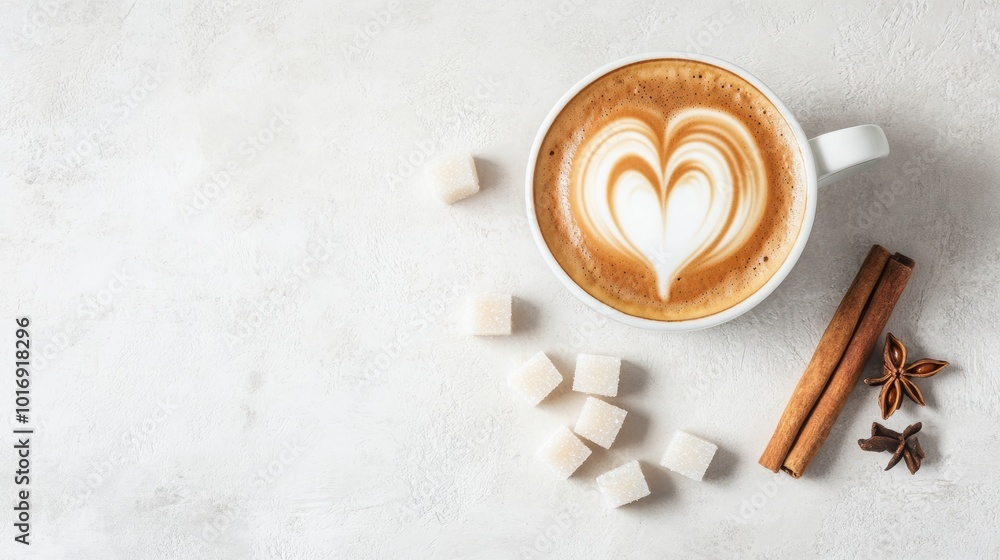 A cup of coffee with a heart-shaped latte art, surrounded by sugar cubes, cinnamon sticks, and star anise. A cup of coffee with a heart-shaped latte art, surrounded by sugar cubes, cinnamon sticks, and star anise.