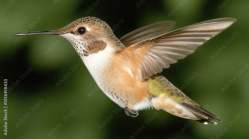 Fototapeta premium Vibrant Hummingbird in Mid-Flight Against Green Background