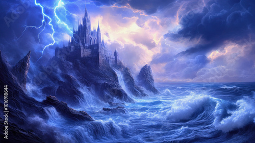 A dark castle stands ominously against a thunderstorm, towering over turbulent waves and jagged cliffs at twilight