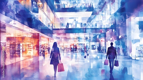 Vibrant shopping mall interior with colorful lights, showcasing shoppers carrying bags in a modern retail environment.