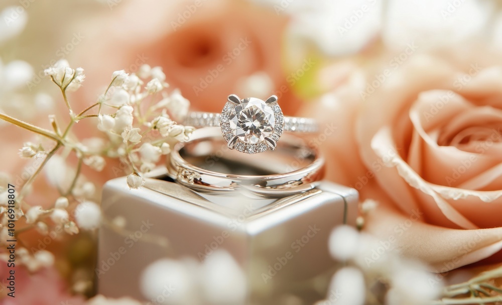 A pair of wedding rings rests on top of an elegant box, surrounded by soft pink flowers The focus is sharp, and the background is softly blurred to highlight the rings' details Generative AI A pair of wedding rings rests on top of an elegant box, surrounded by soft pink flowers The focus is sharp, and the background is softly blurred to highlight the rings' details Generative AI