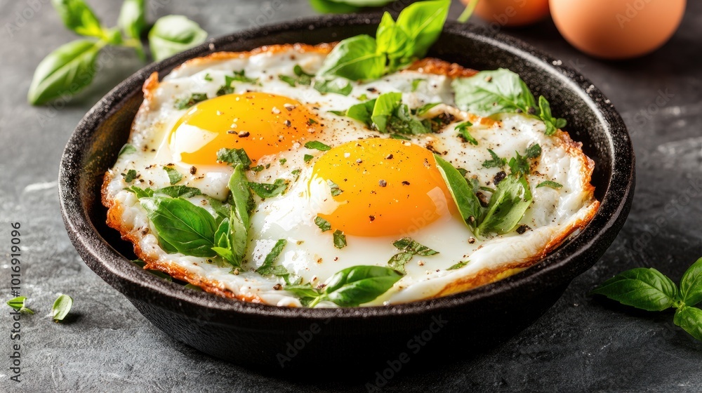 Fresh Eggs with Basil in Skillet Cookware Fresh Eggs with Basil in Skillet Cookware