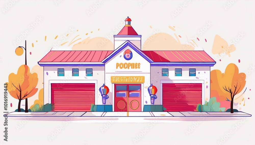 A colorful cartoon building with a sign.