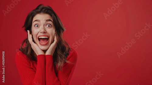 Photo of pretty cheerful lady in the left with empty space event information isolated on red color background