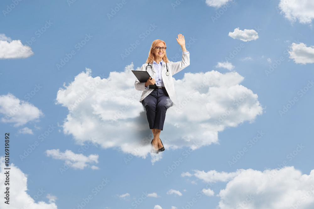 Female doctor waving and sitting on cloud Female doctor waving and sitting on cloud