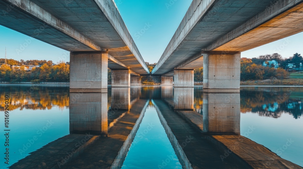 Obraz premium Symmetric underbelly view of a modern concrete bridge showcasing the architectural design and the reflection on the water body below