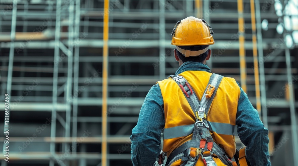 Worker using a safety harness and helmet while performing tasks at a construction site Worker using a safety harness and helmet while performing tasks at a construction site