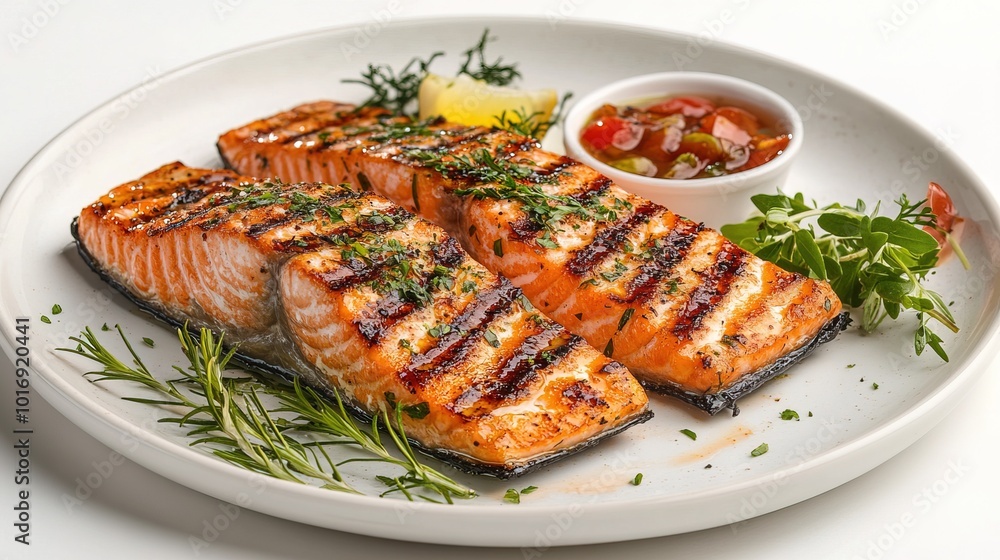 Grilled salmon plate seafood meat Grilled salmon plate seafood meat