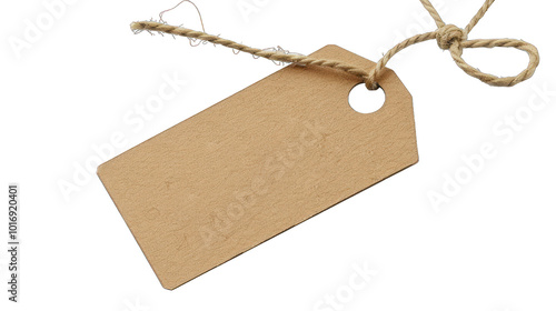 Brown kraft paper tag with twine bow isolated on white background. Blank label for price, gift, or merchandise tagging. photo