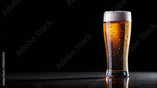 Minimalist glass of beer with cold water droplets on a black background photo