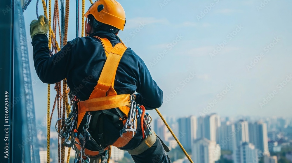 Worker wearing a safety harness and helmet, working on a tall structure ...
