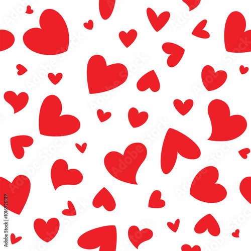 Hearts in red color of different shapes. Seamless patten for wrapping, textile, web, cards, decorations, Valentines Day