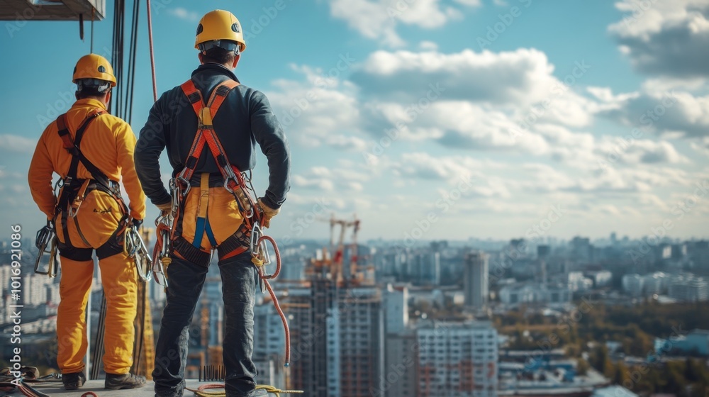 Fotografie Workers donning safety helmets and harnesses while working at heights on a const