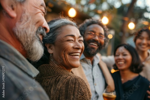 Group of friends having fun together at a rooftop party. Cheerful senior men and women smiling and having fun outdoors.