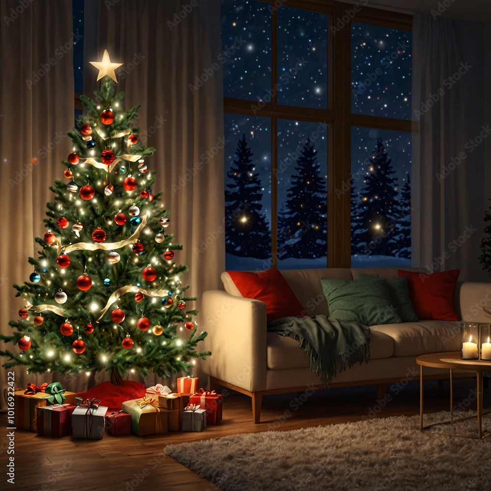 Adorned Christmas Tree, Wreath, and Garland Inside Living Room, Christmas day celebration Adorned Christmas Tree, Wreath, and Garland Inside Living Room, Christmas day celebration
